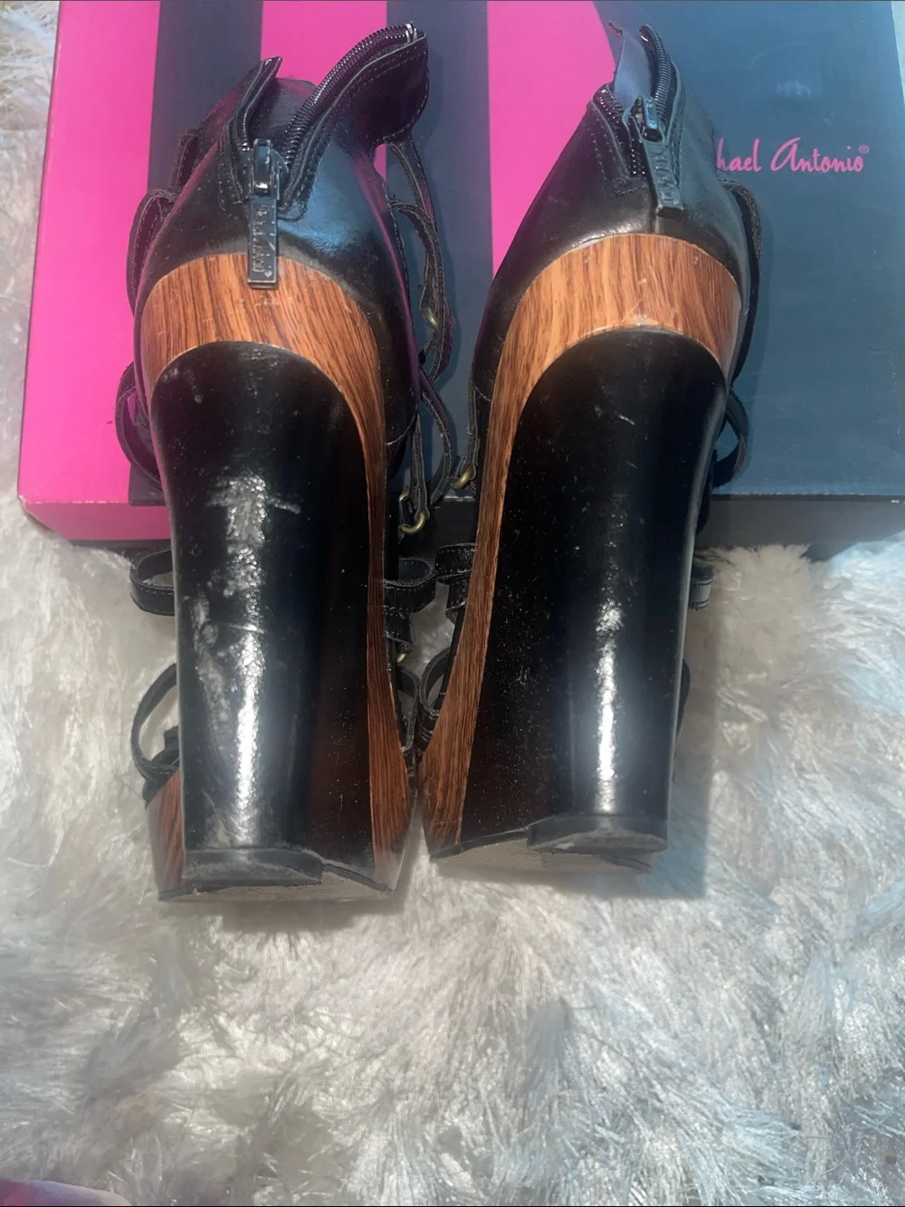 Michael Antonio Black Faux-Wood Wedge Sandals